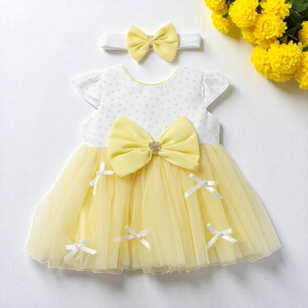 3 Baby Girl Yellow Party Dress Newborn to Infant Gift Box 5 pieces 2 sizes avialable frock closeup view