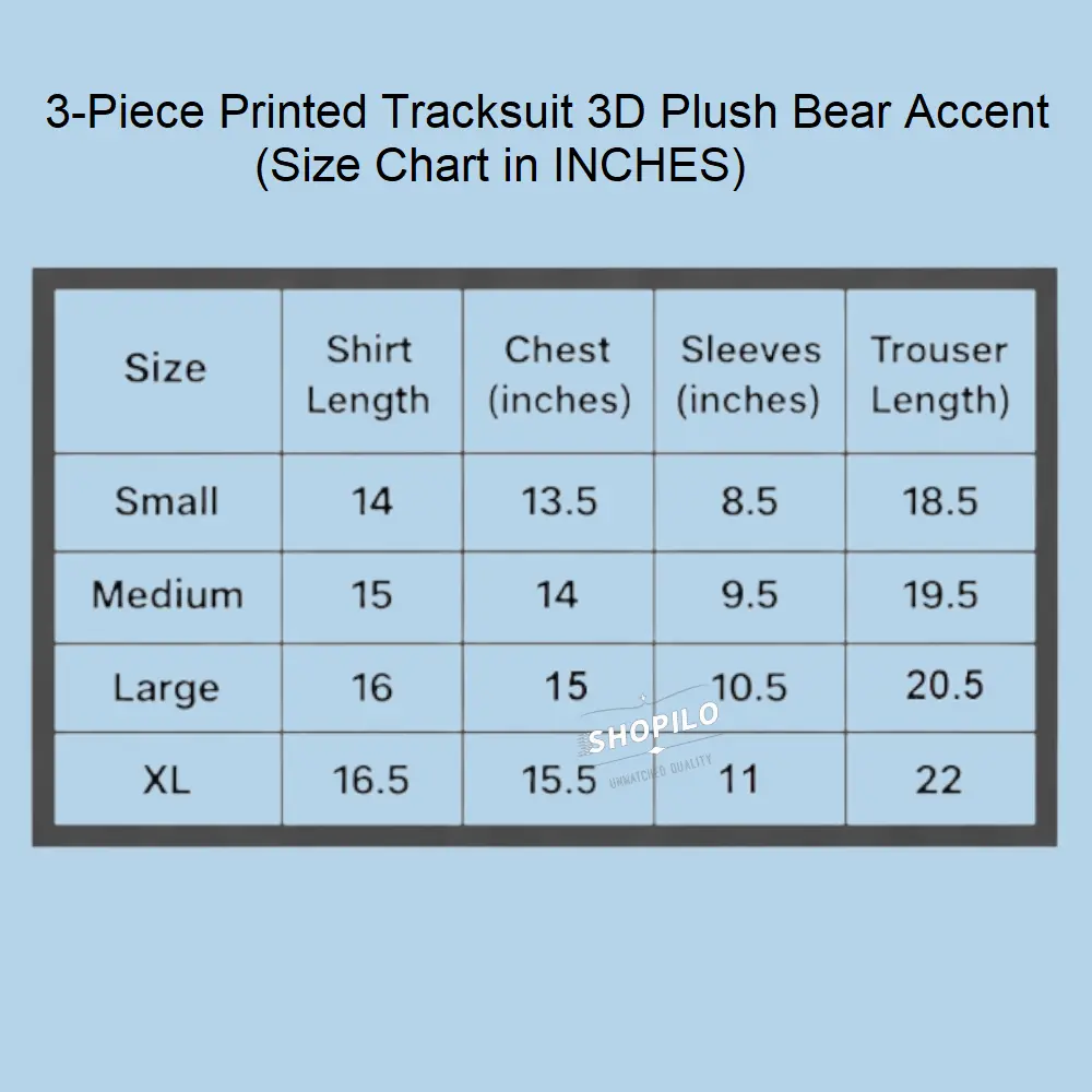 3-Piece Unisex Olive Green Printed Tracksuit - Adorable 3D Plush Bear Accent SIZE CHART