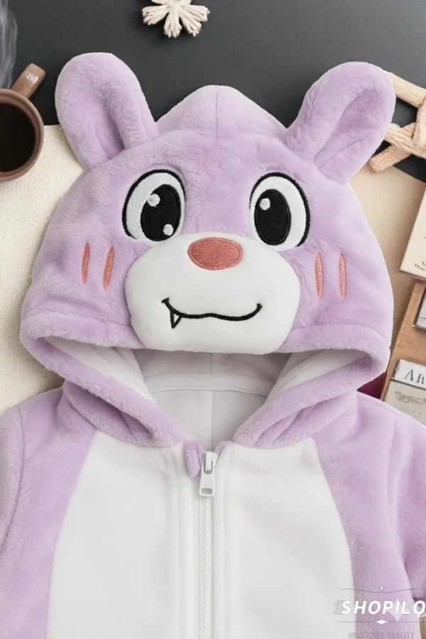 3 character closeup MICHLEY Flannel Baby Jumpsuit – Double Zipper Cute Animal Romper for Girls, Autumn & Winter Outfit