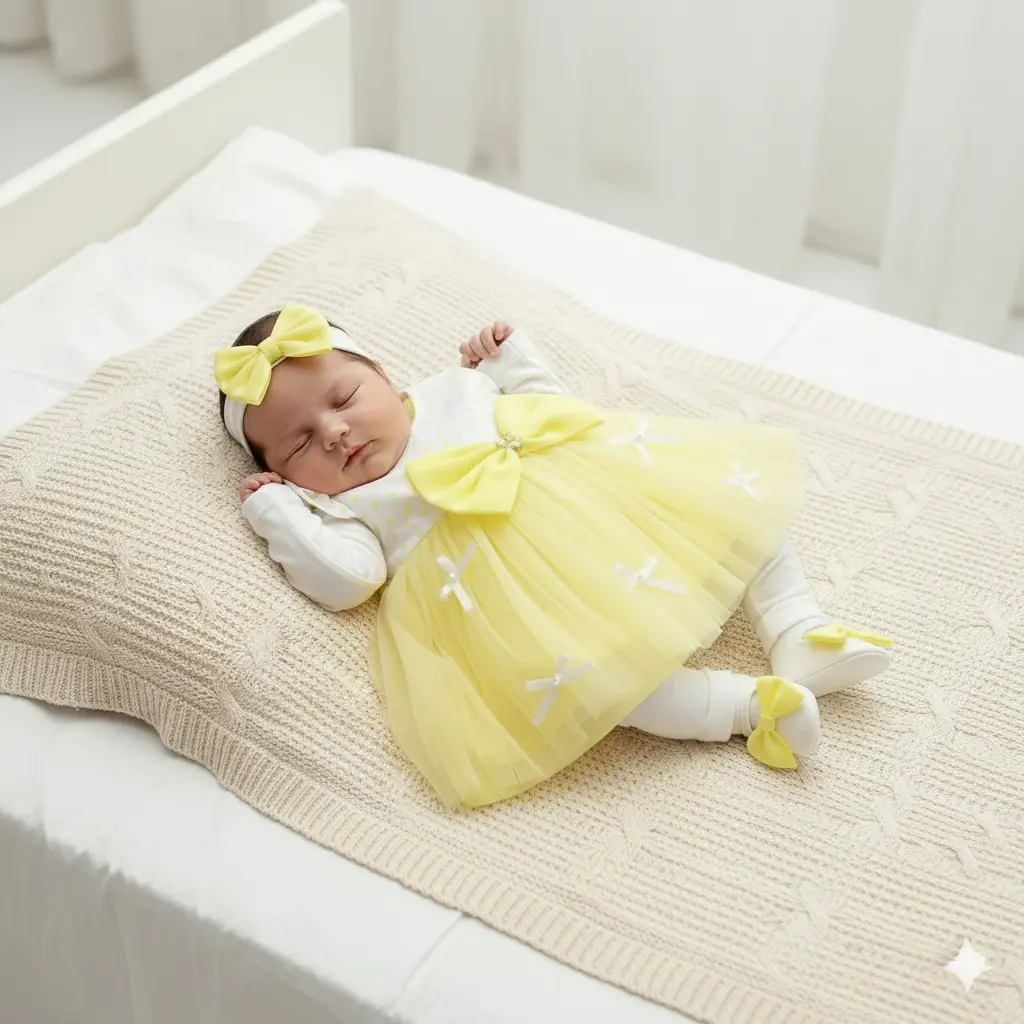 4 Baby Girl Yellow Party Dress Newborn to Infant Gift Box 5 pieces how it looks