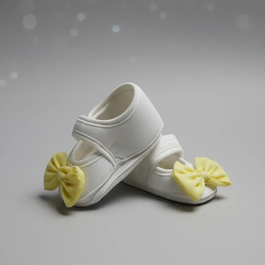 5 Baby Girl Yellow Party Dress Newborn to Infant Gift Box shoe pair closeup view