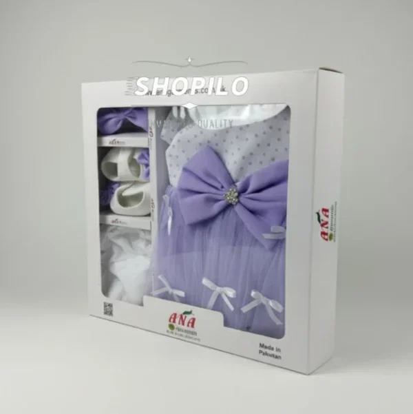 5 Newborn Gift Box – Baby Girl Light Purple Party Dress box pack view