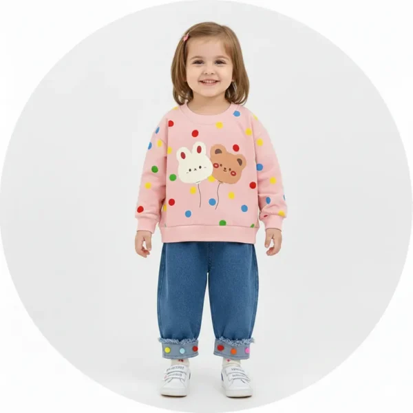 Autumn Korean Girls Polka Dot Sweat Shirt & Denim Jeans Set – Cotton Top Outfit how it looks