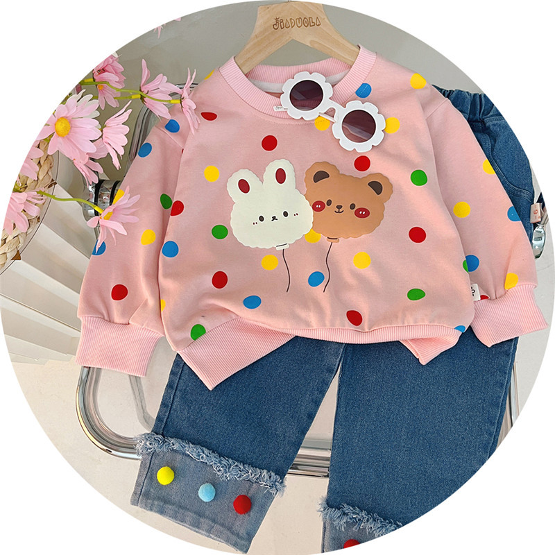 Autumn Korean Girls Polka Dot Sweat Shirt & Denim Jeans Set – Cotton Top Outfit