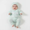 Handmade Knitted Baby Outfit 3-Piece Set – Sweater, Pants & Cap (Light Green) how it looks