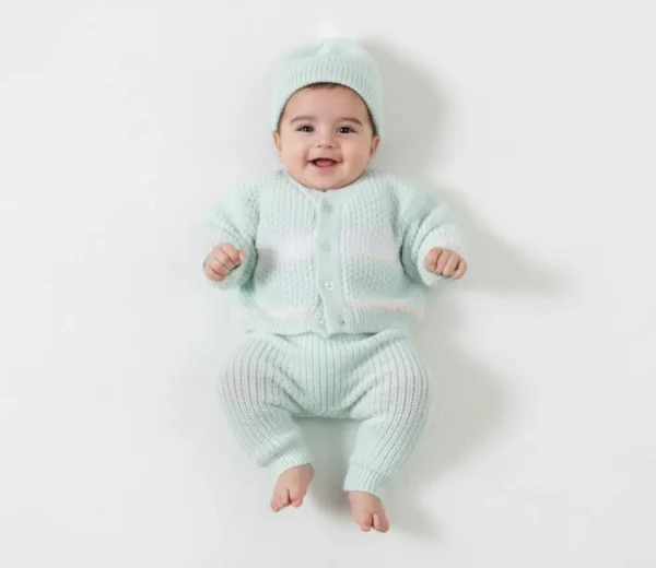 Handmade Knitted Baby Outfit 3-Piece Set – Sweater, Pants & Cap (Light Green) how it looks