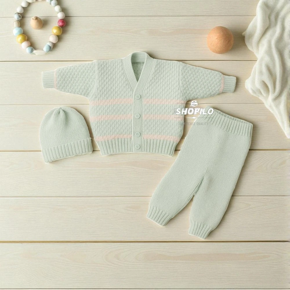 Newborn Knitted Baby Outfit 3-Piece Set – Sweater, Pants & Cap - 6 Colors Available