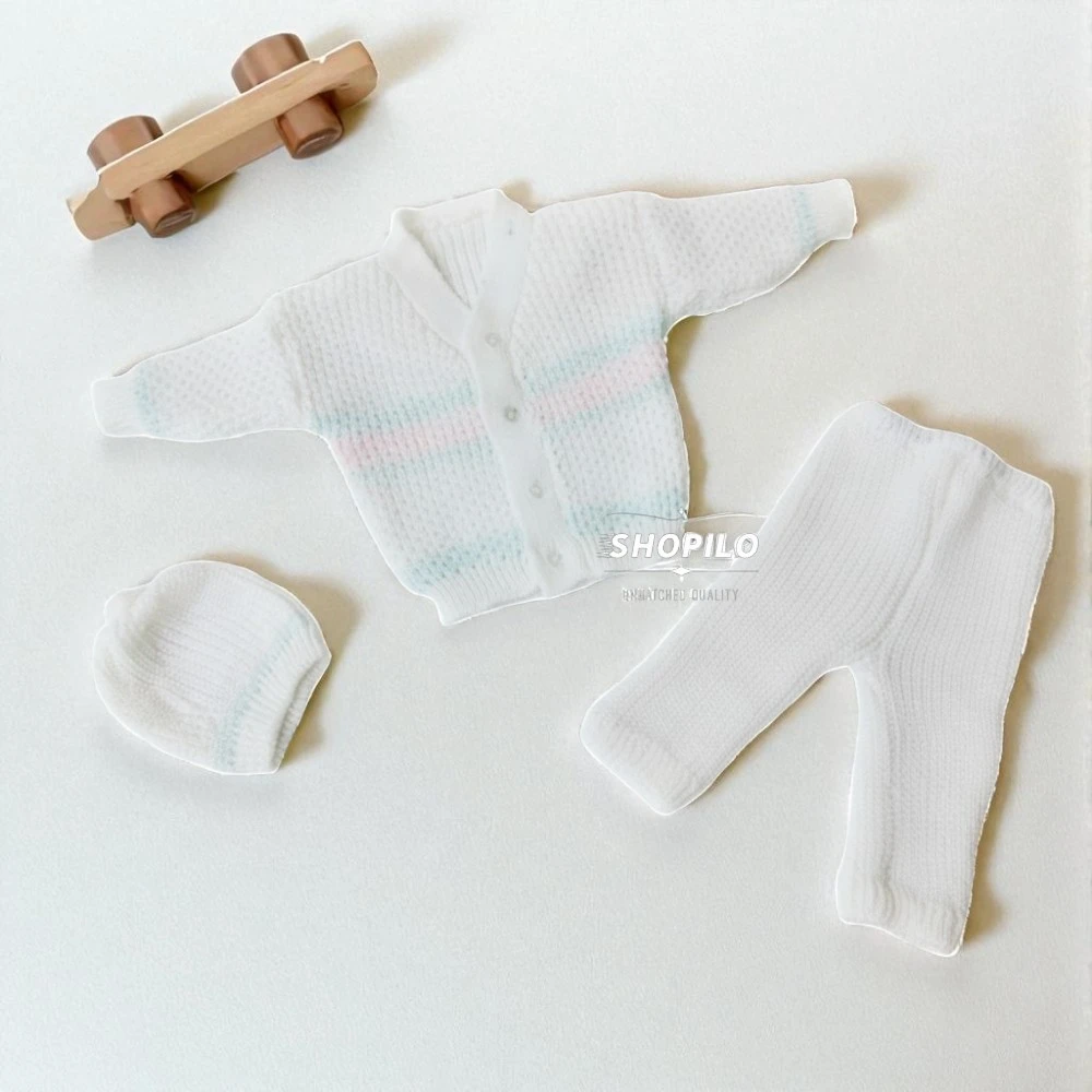 Handmade Knitted Baby Outfit 3-Piece Set – Sweater, Pants & Cap (White)
