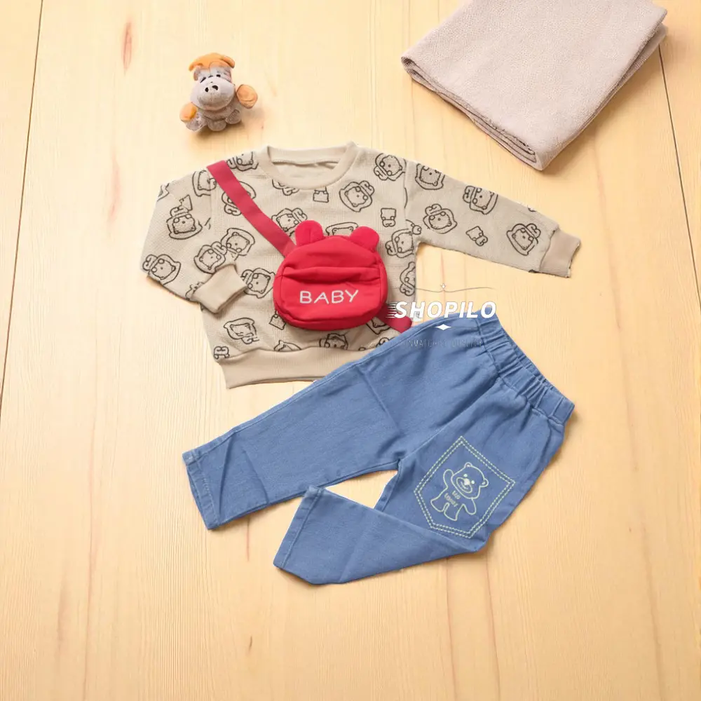 Toddler Boys Cartoon Bear Print Sweatshirt & Denim Pants Set – 2Pcs Baby Outfit pair featured image