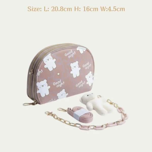 Women’s Semi-Circular Zip Wallet with 4 Compartments - 4 PCS Handbag, Strap, Chain & Bear beige color frontside