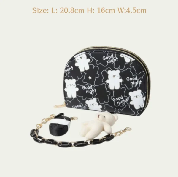 Women’s Semi-Circular Zip Wallet with 4 Compartments - 4 PCS Handbag, Strap, Chain & Bear black color frontside