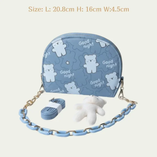 Women’s Semi-Circular Zip Wallet with 4 Compartments - 4 PCS Handbag, Strap, Chain & Bear light blue color frontside