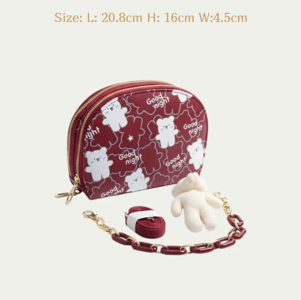 Women’s Semi-Circular Zip Wallet with 4 Compartments - 4 PCS Handbag, Strap, Chain & Bear maroon color frontside