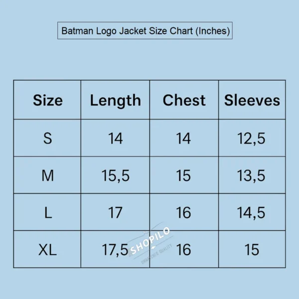 batman logo jacket size chart
