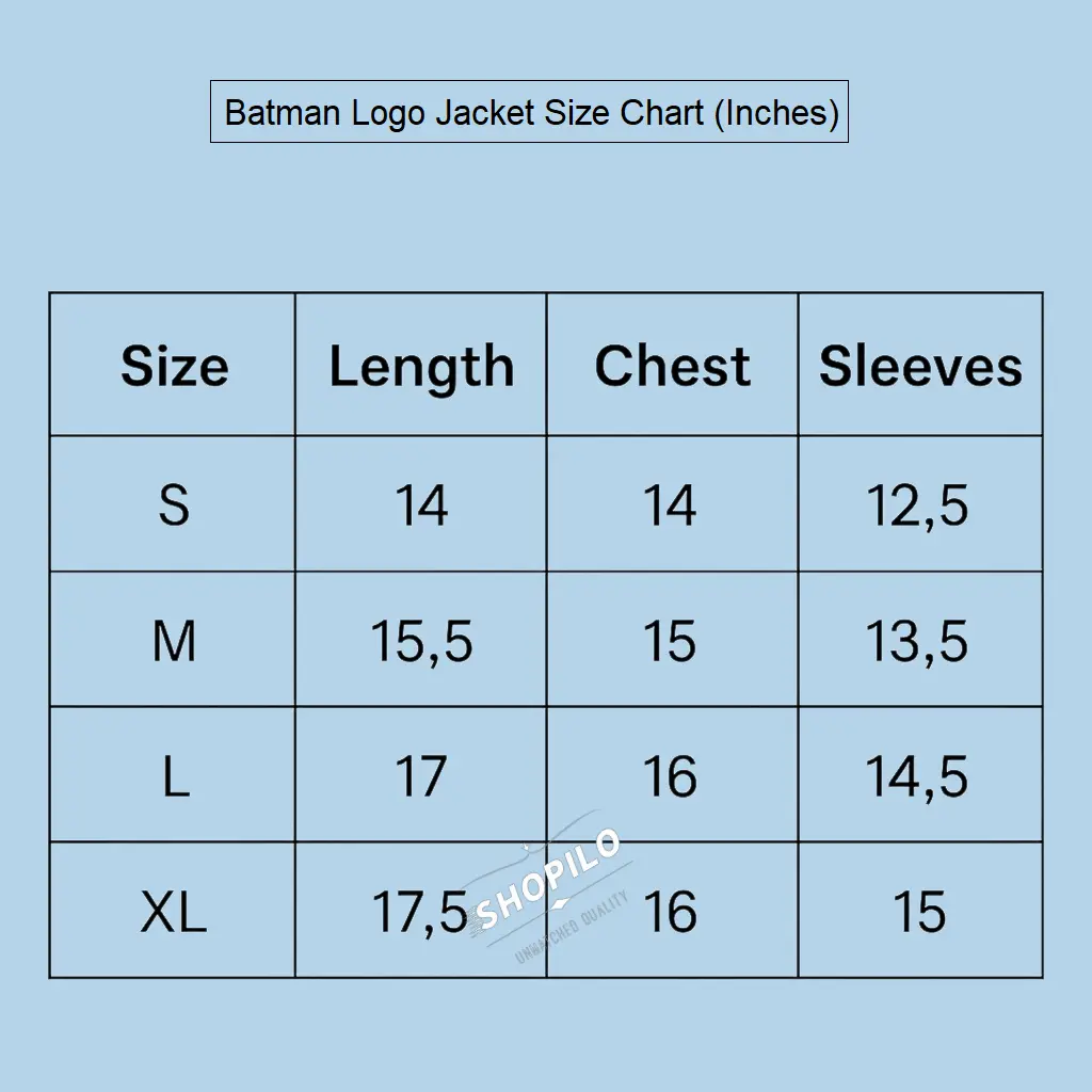 batman logo jacket size chart