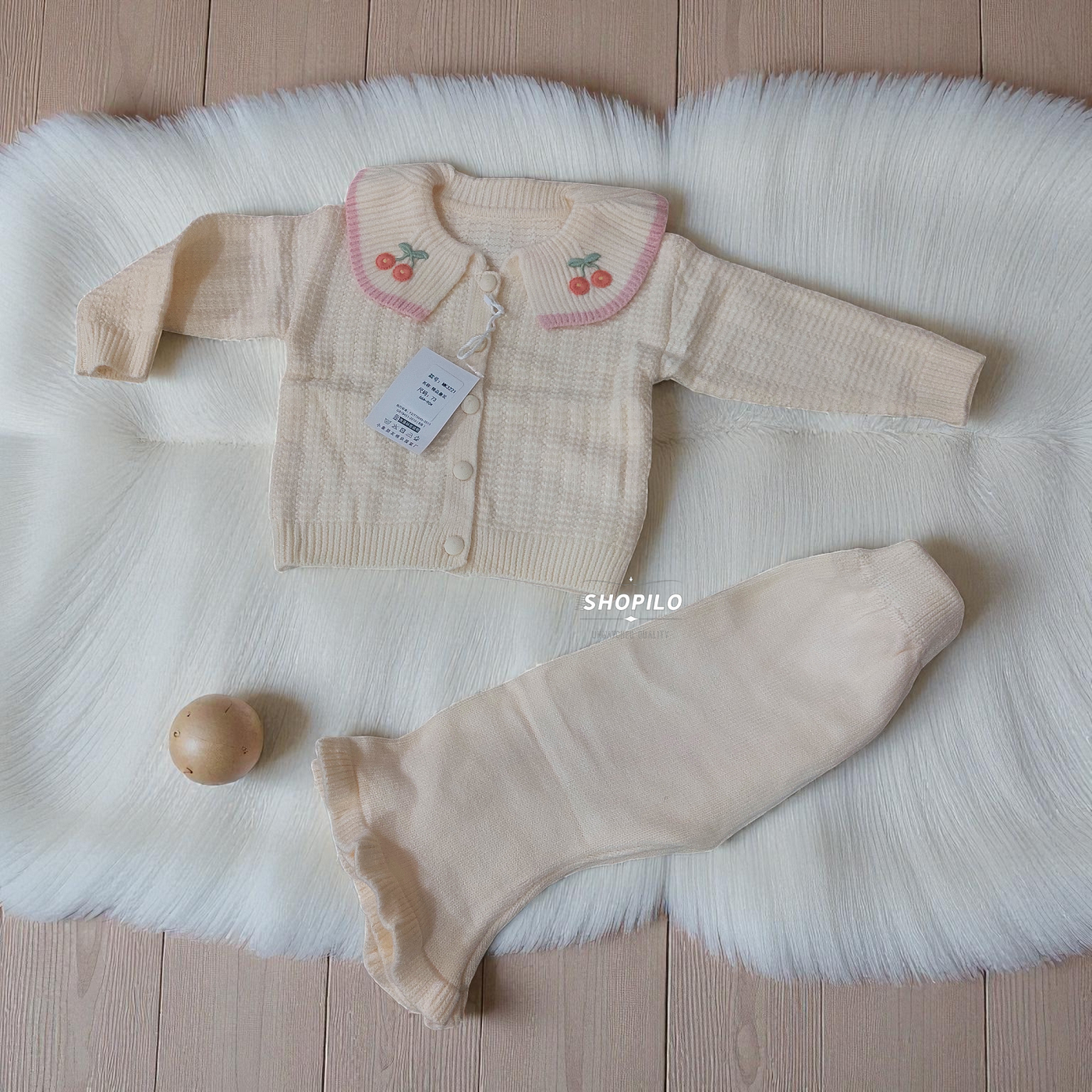 Baby Girl Cherry Collar Sweater & Pants Set – Soft Winter Outfit full pair