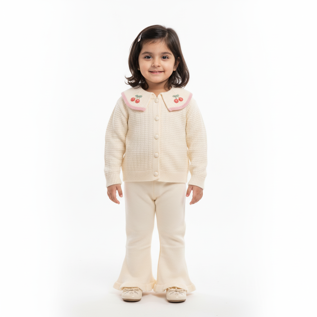 Baby Girl Cherry Collar Sweater & Pants Set – Soft Winter Outfit main featured image how it looks