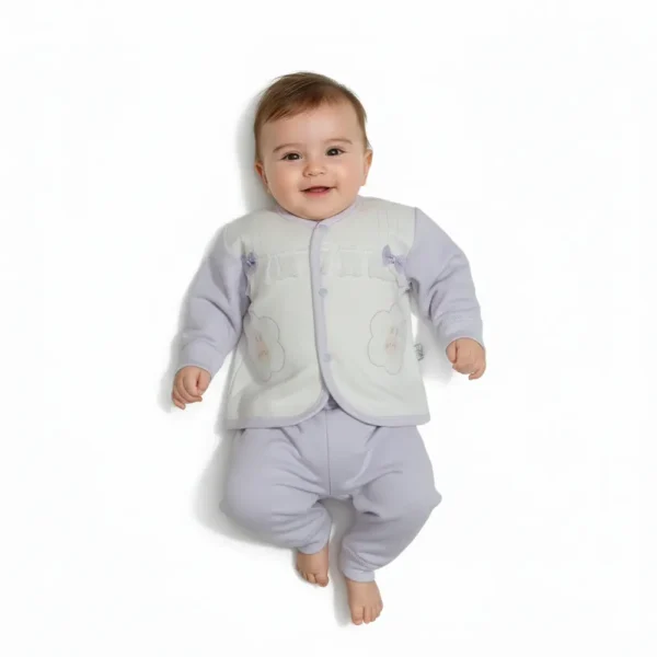 Imported Baby Girl Winter Suit Light Purple – Bow Accent – 2 Piece Warm Outfit Set how it looks