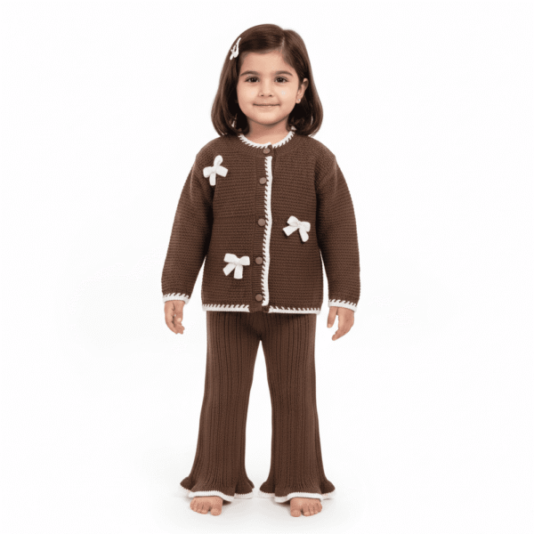 Imported Baby Girl Winter Suit with Bows - Brown – Full Sleeves Two-Piece Outfit how it looks (1)
