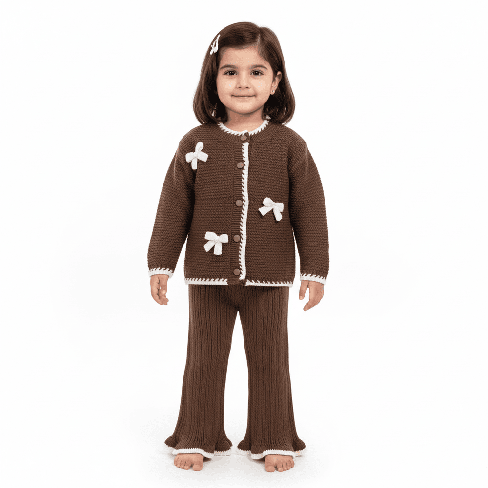 Imported Baby Girl Winter Suit with Bows - Brown – Full Sleeves Two-Piece Outfit how it looks (1)