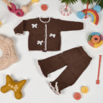 Imported Baby Girl Winter Suit with Bows - Brown – Full Sleeves Two-Piece Outfit main front image featured