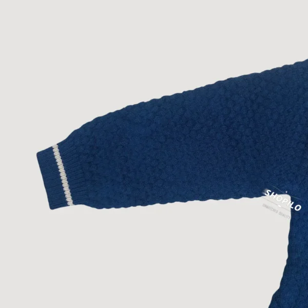 Imported Knitted Winter Baby Romper – Woolen Jumpsuit Blue - Cute Teddy Patch arm and rib view