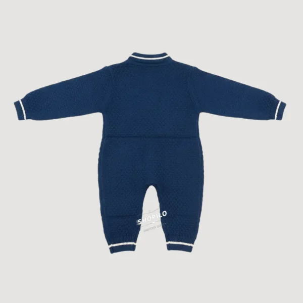 Imported Knitted Winter Baby Romper – Woolen Jumpsuit Blue - Cute Teddy Patch backside view