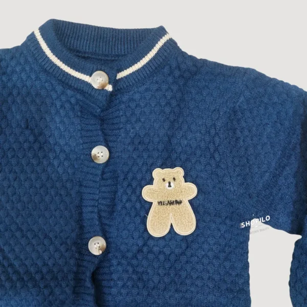 Imported Knitted Winter Baby Romper – Woolen Jumpsuit Blue - Cute Teddy Patch character closeup view