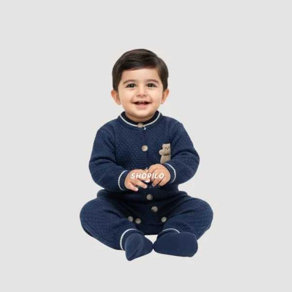 Imported Knitted Winter Baby Romper – Woolen Jumpsuit Blue - Cute Teddy Patch how it looks
