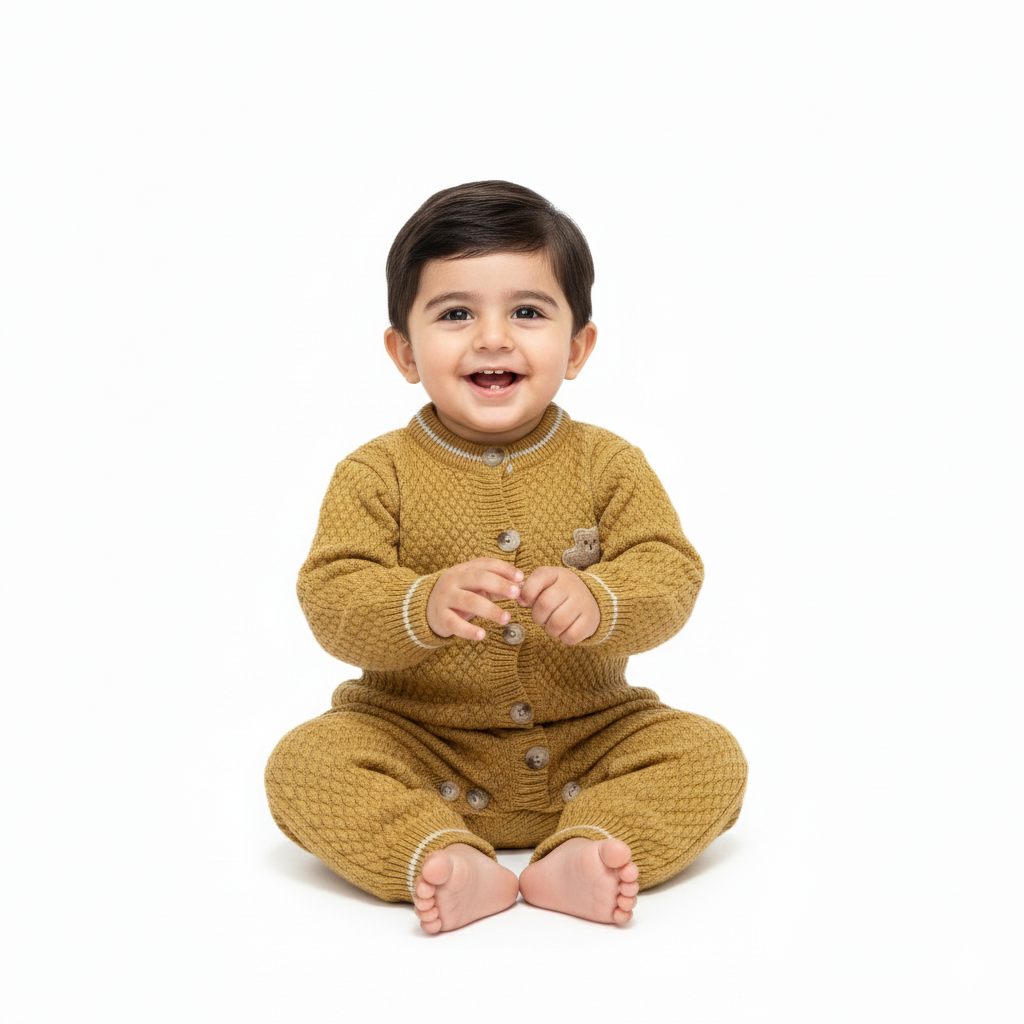 Imported Knitted Winter Baby Romper – Woolen Jumpsuit Mustard - Cute Teddy Patch how it looks