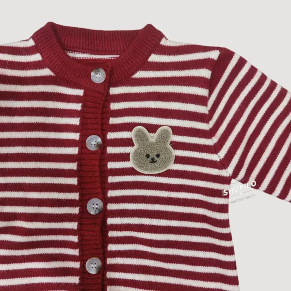 Imported Knitted Winter Baby Romper – Woolen Jumpsuit Red - Cute Teddy Patch closeup front