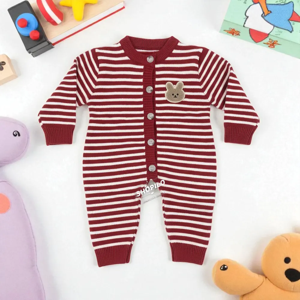 Imported Knitted Winter Baby Romper – Woolen Jumpsuit Red - Cute Teddy Patch featured main image