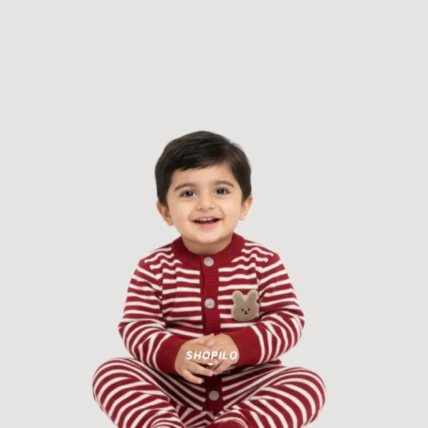 Imported Knitted Winter Baby Romper – Woolen Jumpsuit Red - Cute Teddy Patch how it looks
