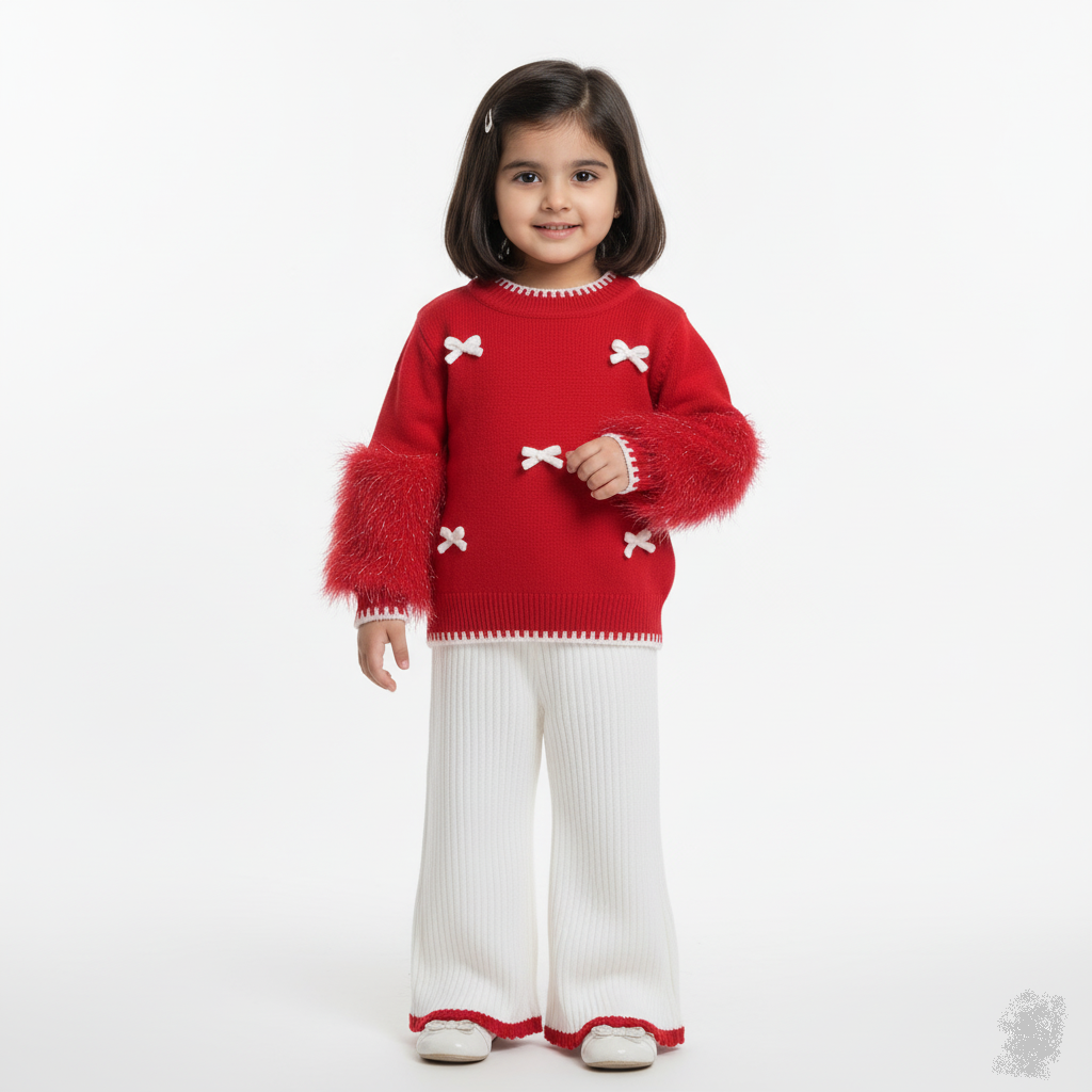 Imported Red & White Stylish Outfit for Girls - Bow Accents and Furry Sleeves featured image