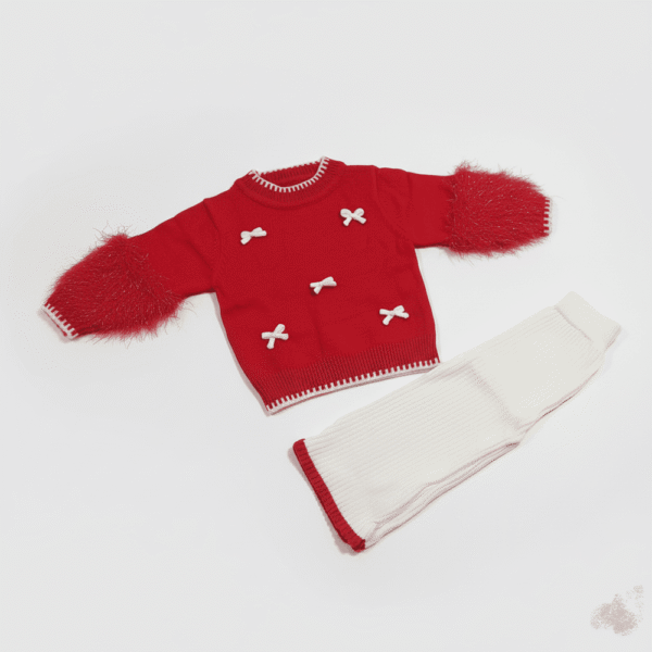Imported Red & White Stylish Outfit for Girls - Bow Accents and Furry Sleeves pair (1)