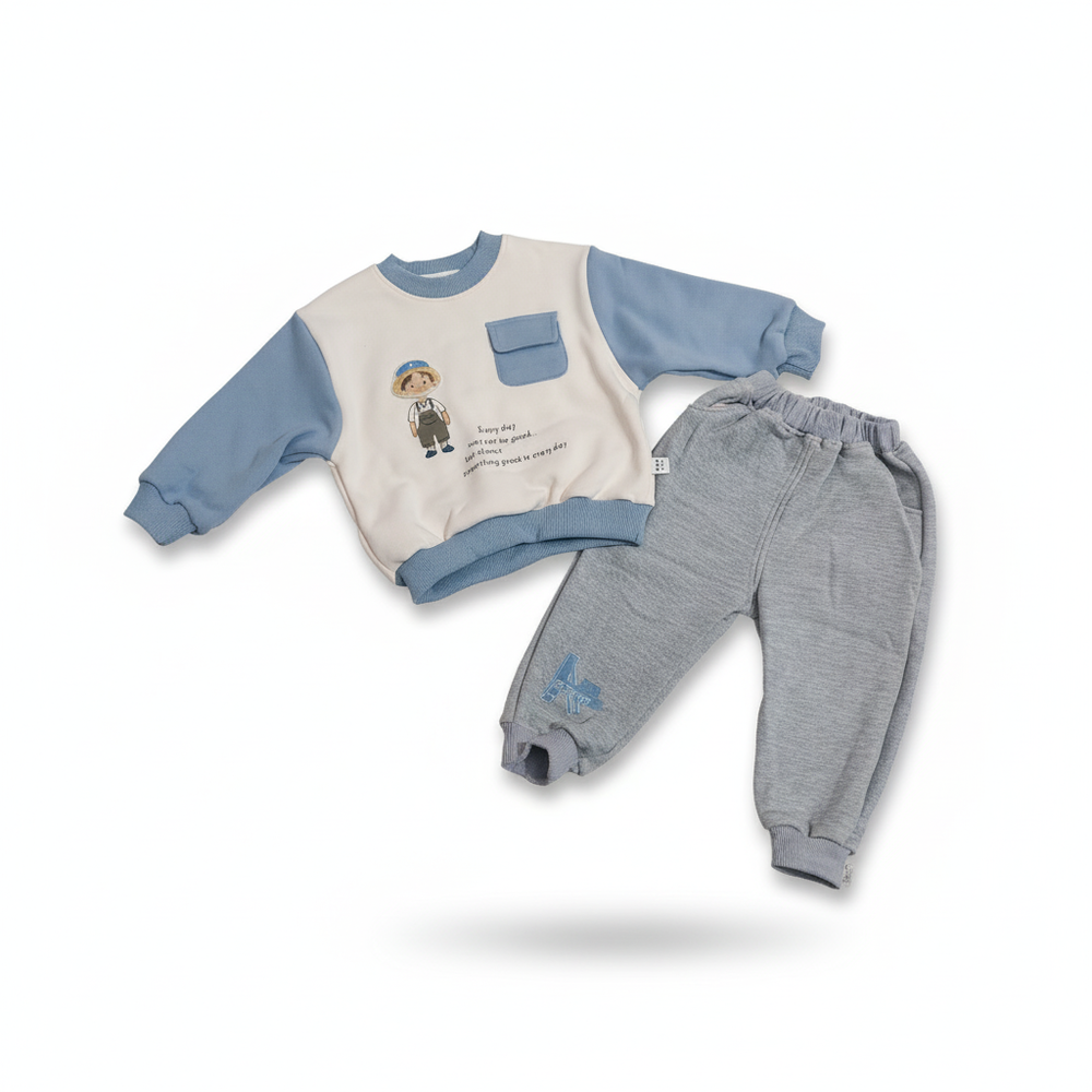 Imported Winter Sweatshirt and Trouser Set Rust Color – Cartoon Print, Round Neck light blue variation