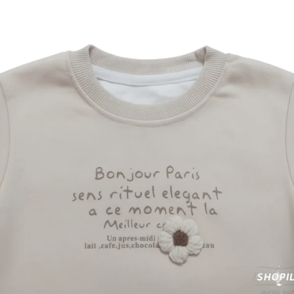 Imported Winter Wear Chic Beige Baby Girl Sweatshirt – Bonjour Paris Design, Soft Fabric front closeup