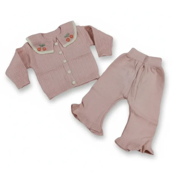 Baby Girl Cherry Collar Sweater & Pants Set – Soft Winter Outfit pink variation