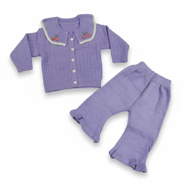 Baby Girl Cherry Collar Sweater & Pants Set – Soft Winter Outfit purple variation