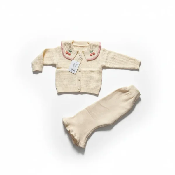 Baby Girl Cherry Collar Sweater & Pants Set – Soft Winter Outfit yellow variation