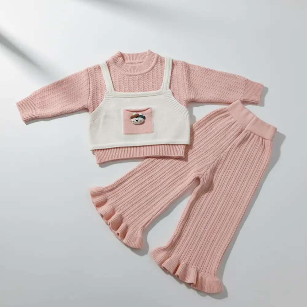 Imported Knitted 2-Piece Outfit for Winter – White Top & Frill Pants Set main front featured image