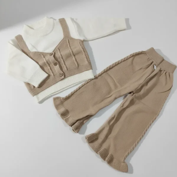Imported Knitted 2-Piece Winter Outfit – Beige Sweater Vest, Top & Ruffle Pants front featured image