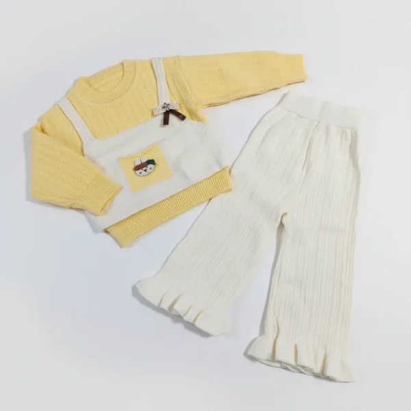 Imported Knitted 2-Piece Winter Outfit – Beige Sweater Vest, Top & Ruffle Pants yellow variation