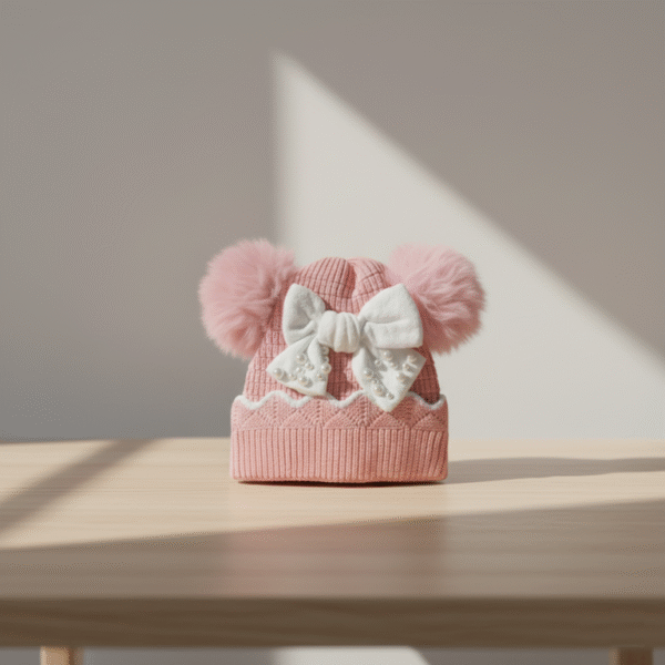 Imported Knitted Cap - Fur Ears & Pearl Bow – Available in 6 Colors beige