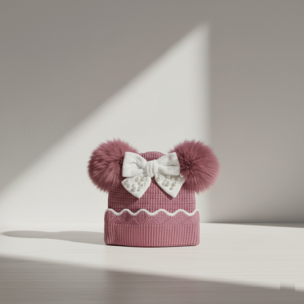 Imported Knitted Cap - Fur Ears & Pearl Bow – Available in 6 Colors dark purple