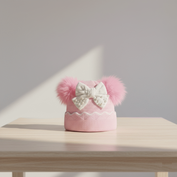 Imported Knitted Cap - Fur Ears & Pearl Bow – Available in 6 Colors pink