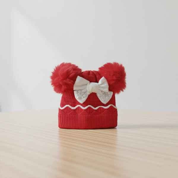 Imported Knitted Cap - Fur Ears & Pearl Bow – Available in 6 Colors red