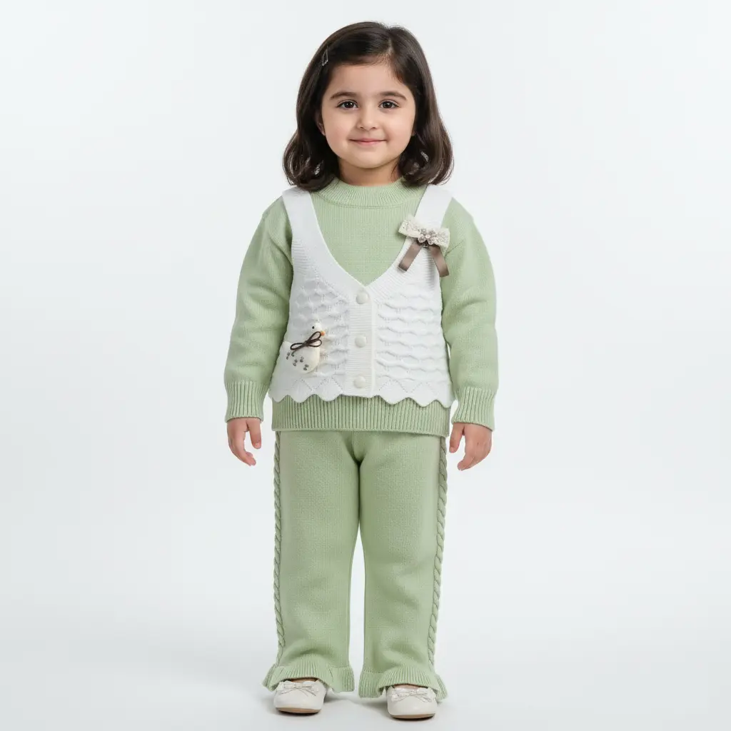 Imported Knitted Outfit - White Vest - Detachable Duck & Bow Clips