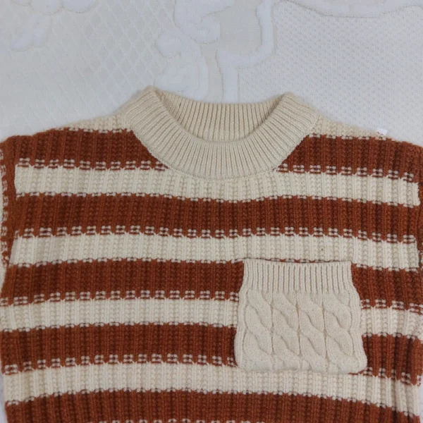Imported Knitted Sweater – Striped Brown & Cream Unisex closeup fabric view
