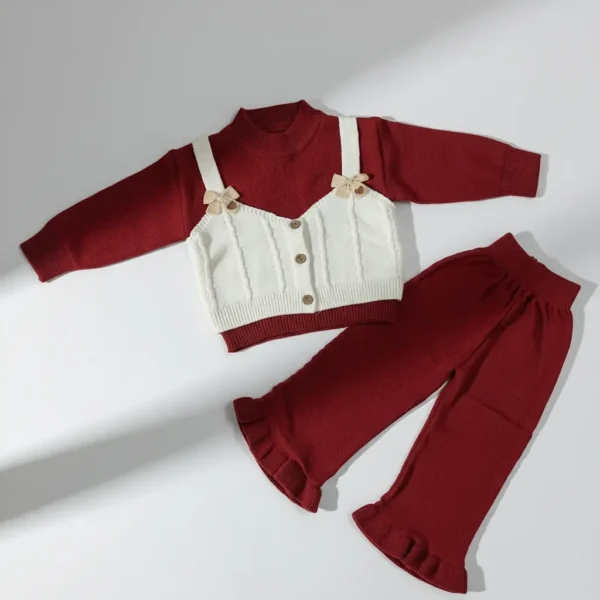 Imported Knitted Winter Suit – Maroon Sweater & Pants - Cream Vest & Bow Detailing main featured image